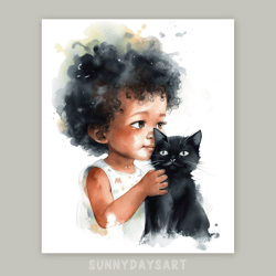 Cute black girl poster, cute black baby girl with kitten, nursery decor, printable art, watercolor art for children room