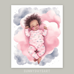 Cute black girl poster, black baby girl sleeping on cloud, pink nursery decor, printable, watercolor art, girl room art