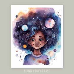 Cute black girl poster, black girl with the galaxy in her hair, nursery decor, printable, watercolor art, girl room art