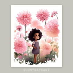 Cute black girl poster, black girl with pink dahlias, nursery decor, pink art, printable, watercolor art, girl room art