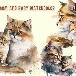 Cat Mom And Baby Watercolor