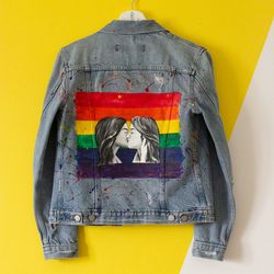 LGBTQ Custom Denim Jacket with two kissing women, hand painted LGBTQ gift, wearable art, gay pride flag on clothing