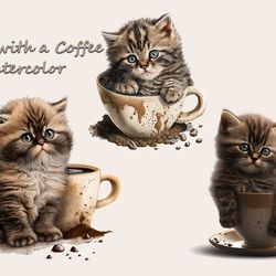 kitten with a coffee watercolor