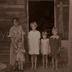 creepy photo of ghost clown behind children. scary vintage photo (digital)