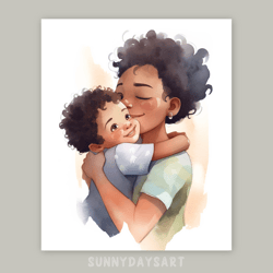 cute black boy poster, black baby boy hugging mom, nursery decor, printable, watercolor art, art for children room