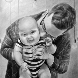 Custom Drawing From Photo, Baby Portrait, Family Portrait, Custom hand drawn portrait, black and white painting