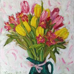 tulip and alstroemeria painting, bouquet painting original art on canvas, flower painting, flower art