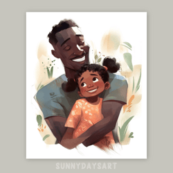 Cute black girl poster, black girl with dad, nursery decor, dad and daughter, printable, watercolor art, art for nursery