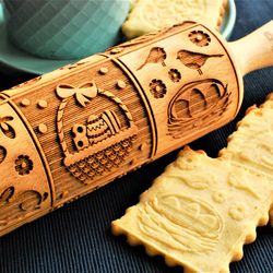 Easter Engraved Rolling Pin Embossed Dough Roller Springerle Embossed Cookies Carved Molds Eastern Bunny Gift For Mom