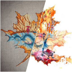 maple leaf cross stitch pattern, city landscape cross stitch, fall cross stitch, cityscape cross stitch, digital pdf
