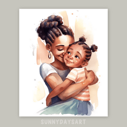 cute black girl poster, black girl with mom, nursery decor, mom and daughter, printable, watercolor art, art for nursery