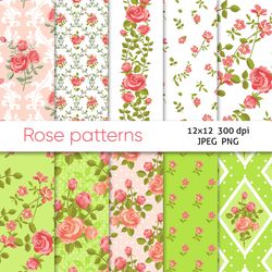Roses flowers digital paper pack, romantic floral