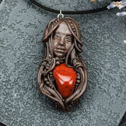 Goddess handmade pendant. Pendant with jasper. Jewelry polymer clay