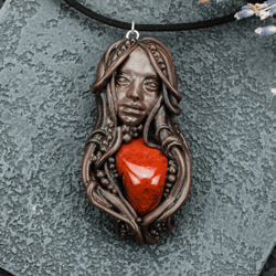 goddess handmade pendant. pendant with jasper. jewelry polymer clay