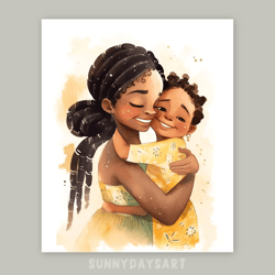 Cute black girl poster, black girl with mom, yellow nursery decor, mom and daughter, printable art, watercolor art