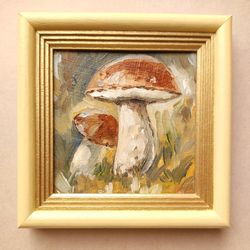 Mushrooms painting original oil art miniature framed ready to hang 4 by 4 forest artwork