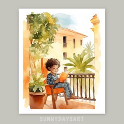 cute black boy poster, black boy reading book, yellow decor, printable art, watercolor art, boy room decor, boy room art
