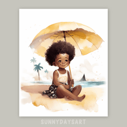 Cute black girl poster, cute black baby girl with parasol, nursery decor, printable, watercolor art, yellow decor