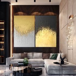 Set of 2 Painting Gold Leaf Abstract, Modern Acrylic Painting on Canvas, Large Gold leaf Abstract Painting