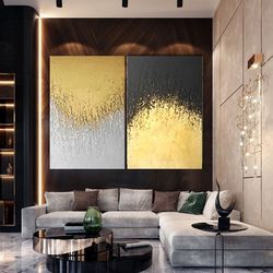 set of 2 painting gold leaf abstract, modern acrylic painting on canvas, large gold leaf abstract painting