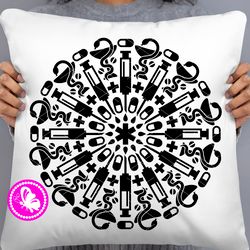 Mandala svg Medicine, nurse, syringe, hospitals, statoscope, pills, treatment, profession clipart