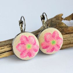 Embroidered earrings with pink flower, best gift for women, round floral jewelry with cross stitch