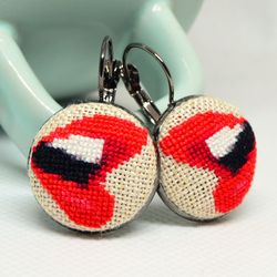Red lips embroidered earrings, Badass jewelry, Handcrafted beauty modern gift