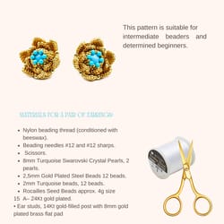 digital beading guide. pdf file. tutorial for golden flowers bead and turquoise stud earrings