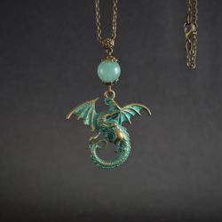 dragon necklace green aventurine patina bronze dragon pendant necklace witchcraft jewelry