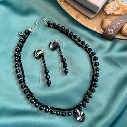 Pearl Silver 925 Jewelry Set Necklace Earrings BLACK HEART