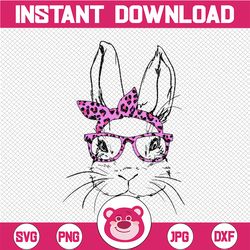 cute bunny face leopard pink glasses headband happy easter day easter png, easter day png, bunny with heart glasses subl