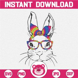 cute bunny face tie dye glasses and bandana png sublimation, easter design png sublimation, bunny with bandana png subl