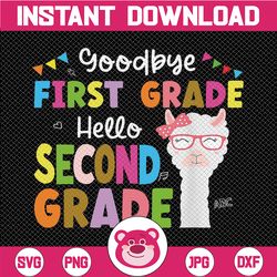 goodbye first grade hello second grade llamma svg, graduation last day svg, kids shirt design, svg files for cricut