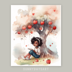 cute black girl poster, black girl reading book, pink decor, printable art, watercolor art, girl room decor, red art