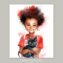Cute black girl poster, cute black girl with kitten, nursery decor, printable, red art, watercolor art for children room