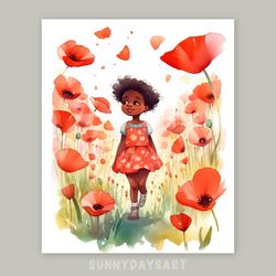 Cute black girl poster, black girl with red poppies, nursery decor, red art, printable art, watercolor art for girl room