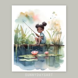 Cute black girl poster, black girl fishing, nursery decor, green art, printable art, watercolor art for children room