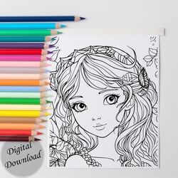 Cute forest fairies, big-eyed girls, 10 coloring pages, digital download