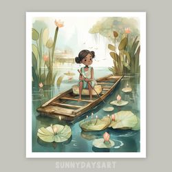 Cute black girl poster, black baby girl in the boat, nursery decor, green art, printable, watercolor art for girl room