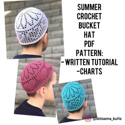 Summer unisex crochet bucket hat with heart design for adults PDF printable pattern
