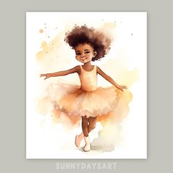 cute black girl poster, cute black baby girl ballerina, nursery decor, printable art, watercolor art, orange decor