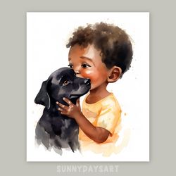 cute black boy poster, cute black baby boy with puppy, nursery decor, printable art, watercolor art for boys room