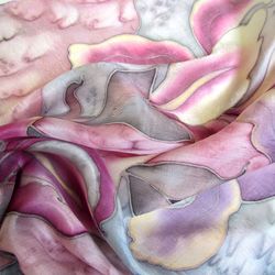 Grey Silk Scarf with Irises, Square Silk scarf with Flowers, Hand painted Silk scarf, elegant silk handkerchief.