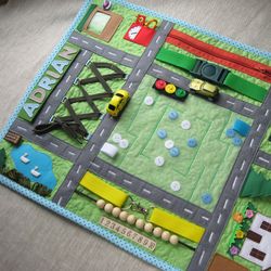 Personalized Car track play mat,  busy toy with buckles, pretend play, Traffic roads toy,  toddler  activity mat
