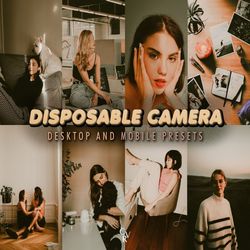 10 disposable camera lightroom presets, for desktop and mobile, analog, 35mm, film, aesthetic, indoor, influencer preset
