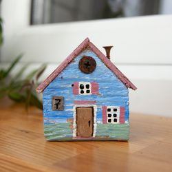 cute miniature handmade house, tiny wooden house, original eco-gift in marine style, driftwood, sea