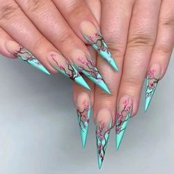 Fake press on nails stilleto sakura blooming cherry flowers blue pink nails false long