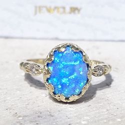 Blue Opal Ring - Statement Ring - October Birthstone - Dainty Ring - Bezel Ring - Gold Ring - Gemstone Ring