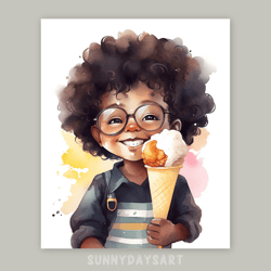 cute black boy poster, cute black baby boy with icecream, nursery decor, printable art, watercolor art for boys room