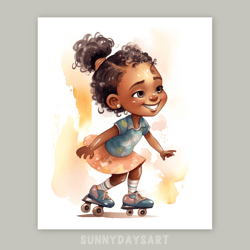 Cute black girl poster, cute black girl roller skating, nursery decor, printable art, watercolor art for girls room